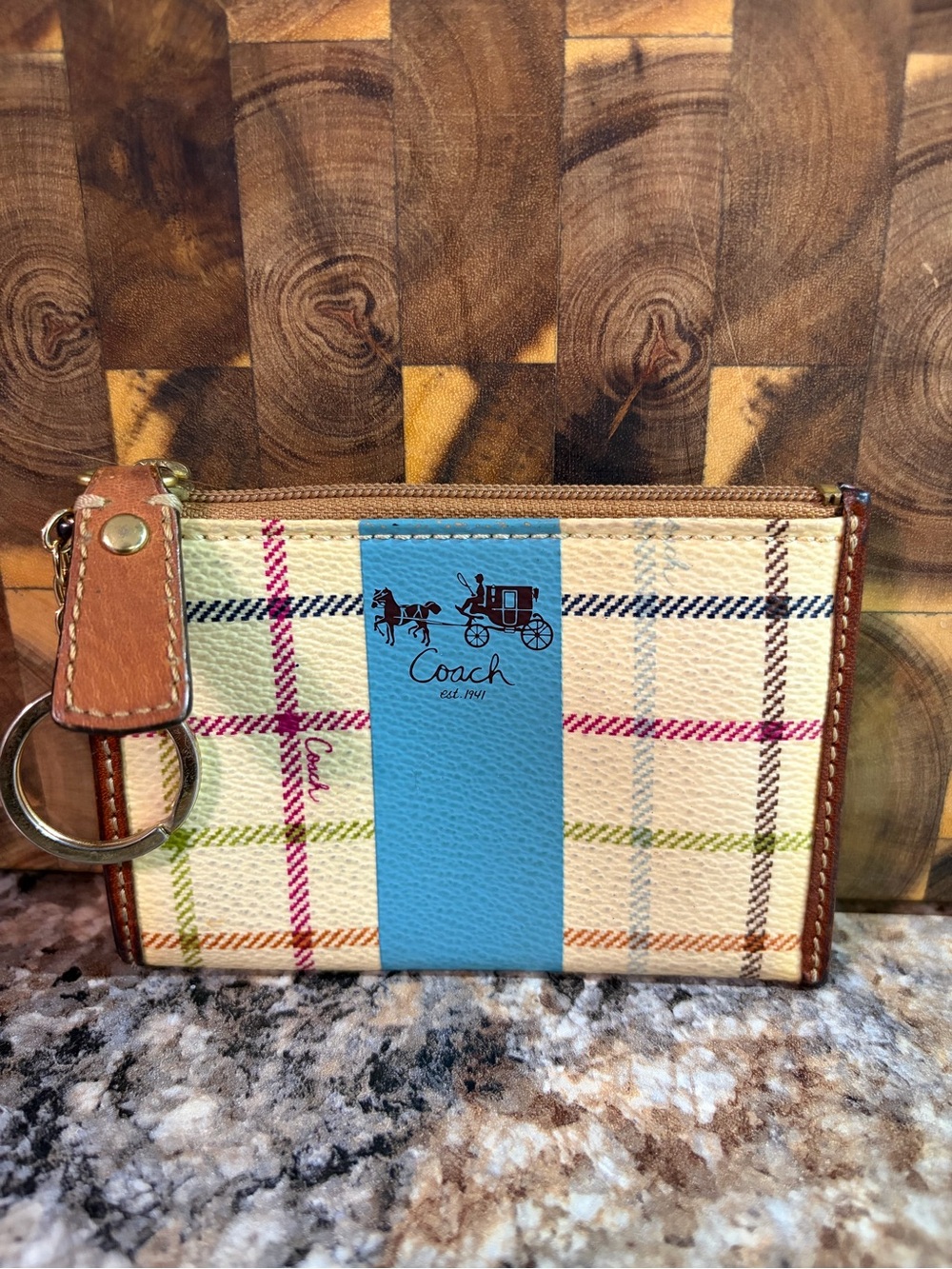 Coach Plaid Zip Card Case with Sky Blue Stripe